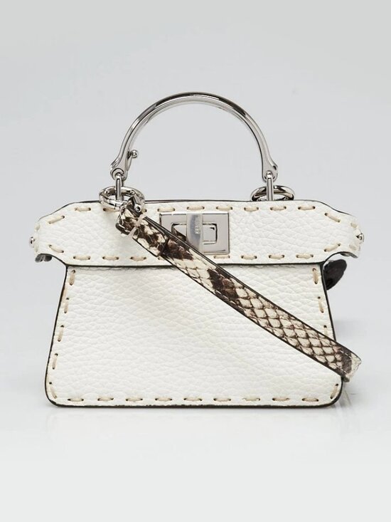 Fendi Handbags - Fendi White Selleria Leather/Snakeskin Nano Peekaboo Maxi Handle Bag - 7AS106